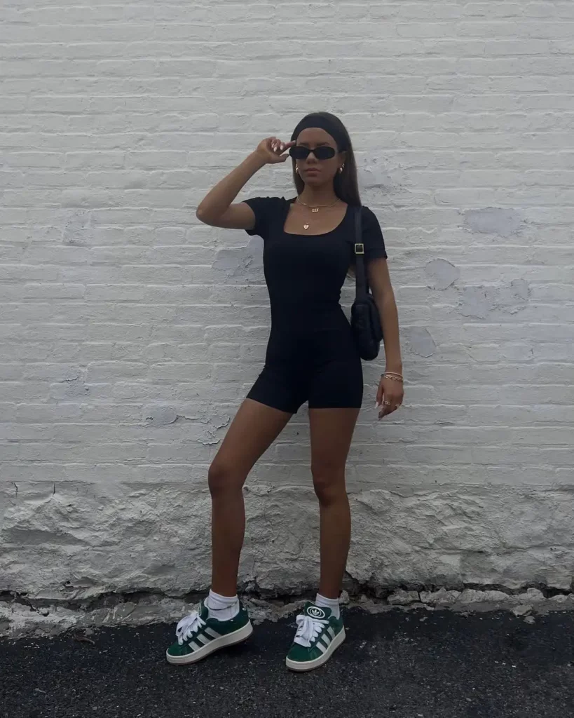Sleek Black Romper + Green Campus 00s