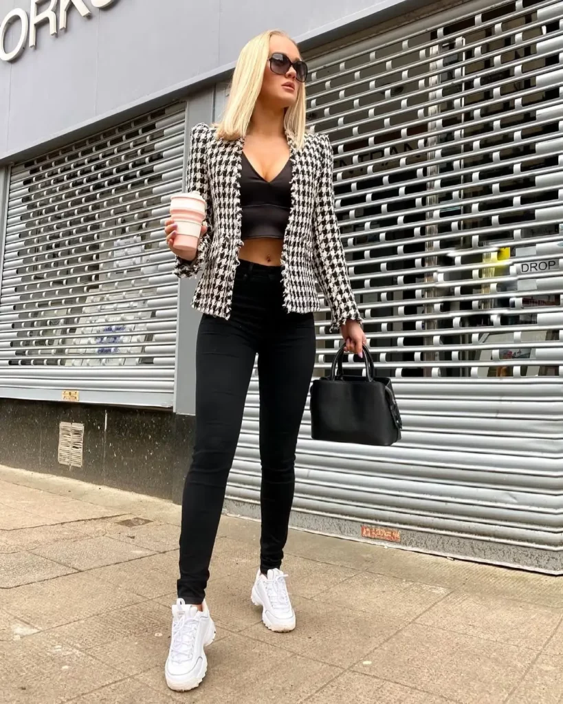 Houndstooth Blazer & Black Skinny Pants with Sneakers