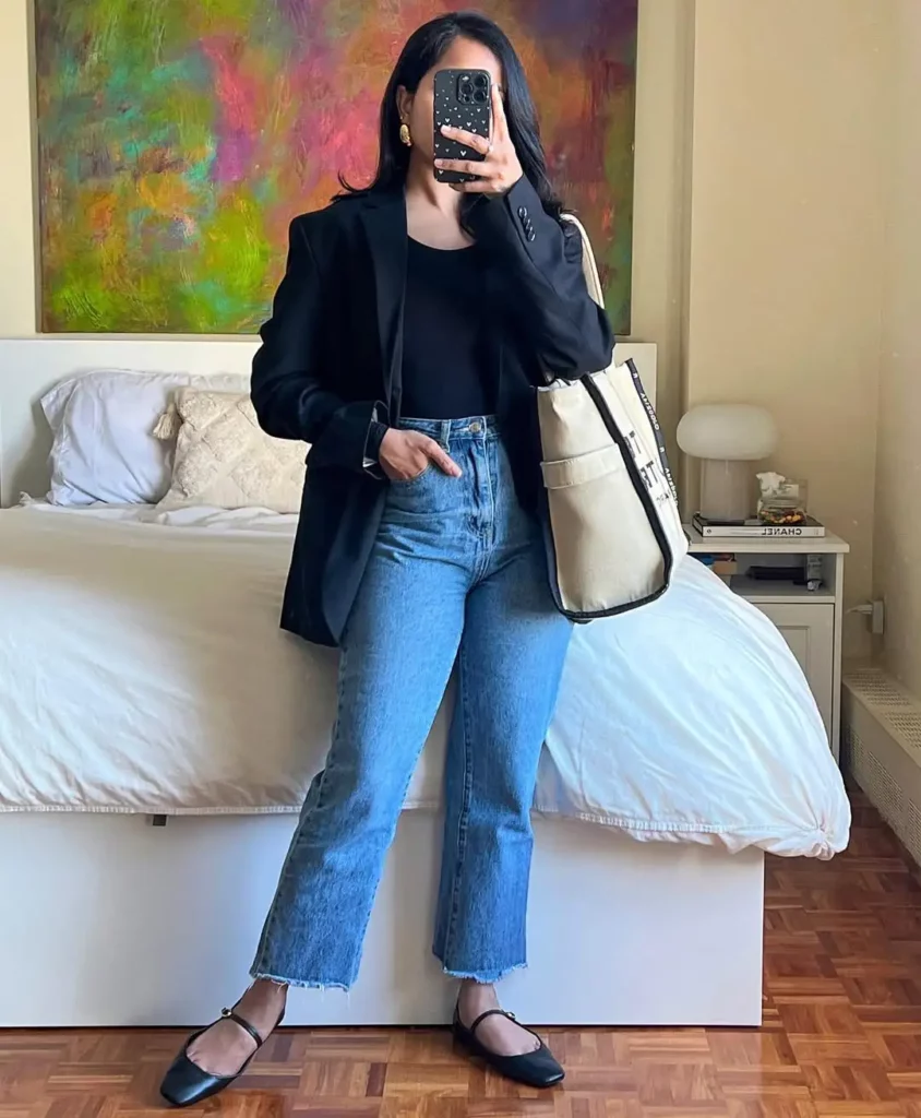 Black Mary Janes with Cropped Jeans & Oversized Blazer