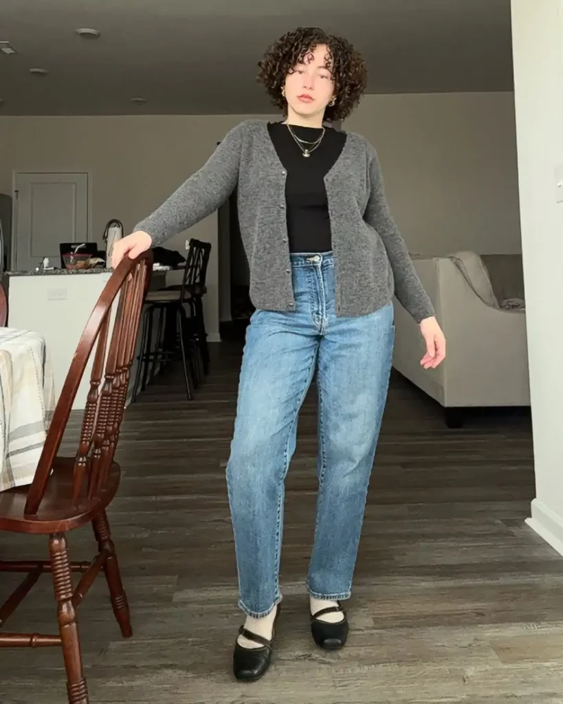Black Mary Janes with Cropped Cardigan & Straight Jeans