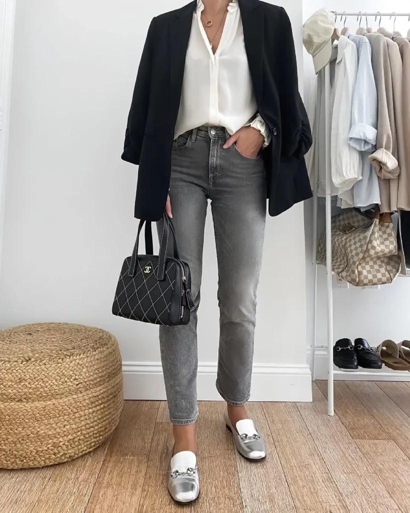 Black Blazer + White Blouse + Grey Jeans + Silver Loafers