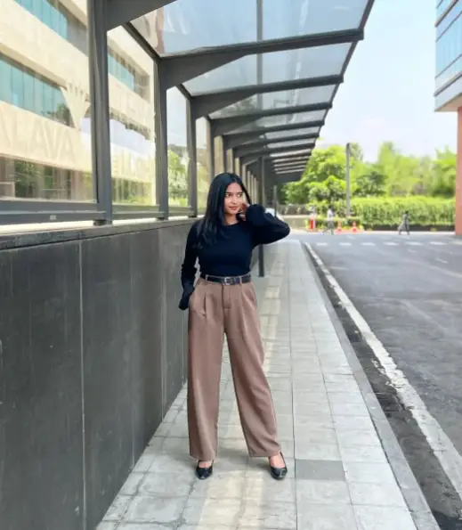 Black Fitted Top + High-Waist Trousers + Classic Black Flats