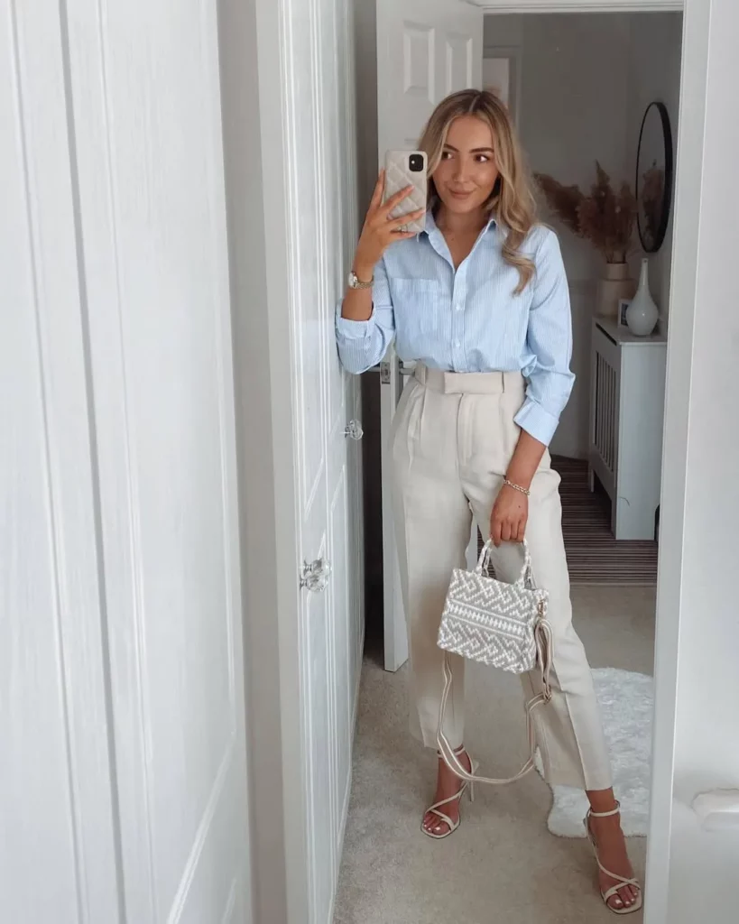Blue Button-Up + Cream Trousers + White Heels