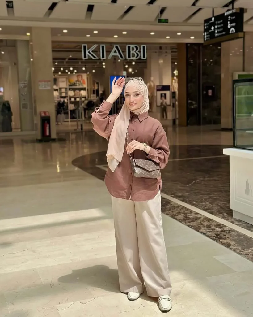 Brown Button-Up Shirt + Cream Wide-Leg Pants + White Loafers