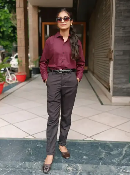 Burgundy Shirt + Black Trousers + Brown Flats