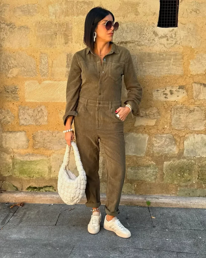 Corduroy Jumpsuit + White Sneakers