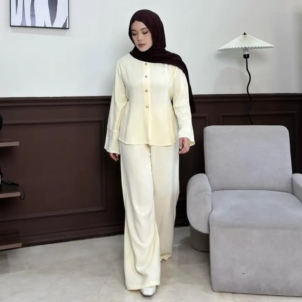 Cream Co-ord Set + Dark Brown Hijab + White Flats