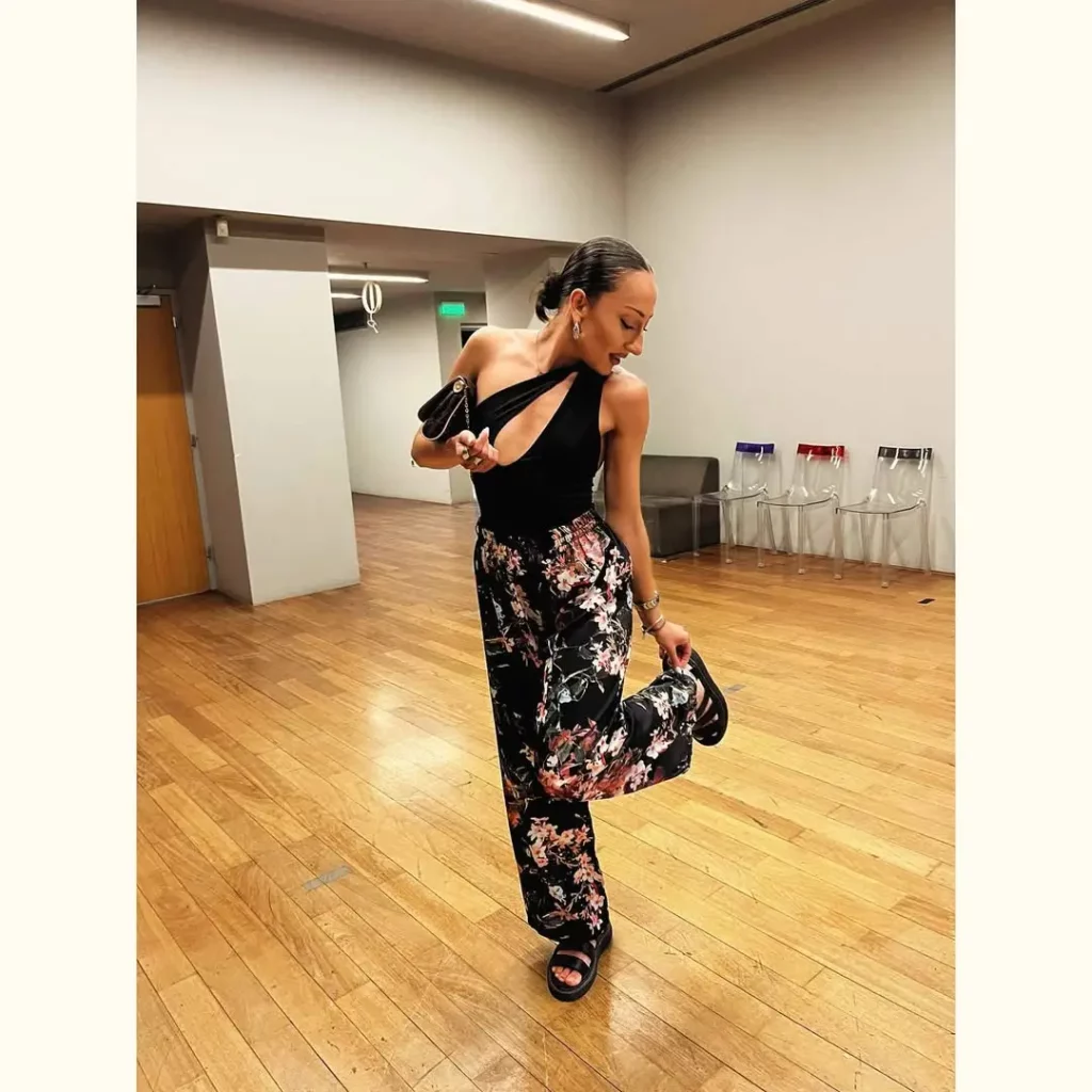 Cutout Halter Top + Floral Wide-Leg Pants + Black Flat Sandals