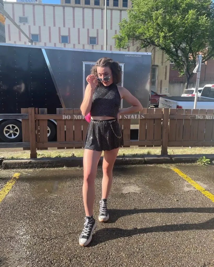 Glitter Co-ord Set + Chain Belt + High-Top Sneakers