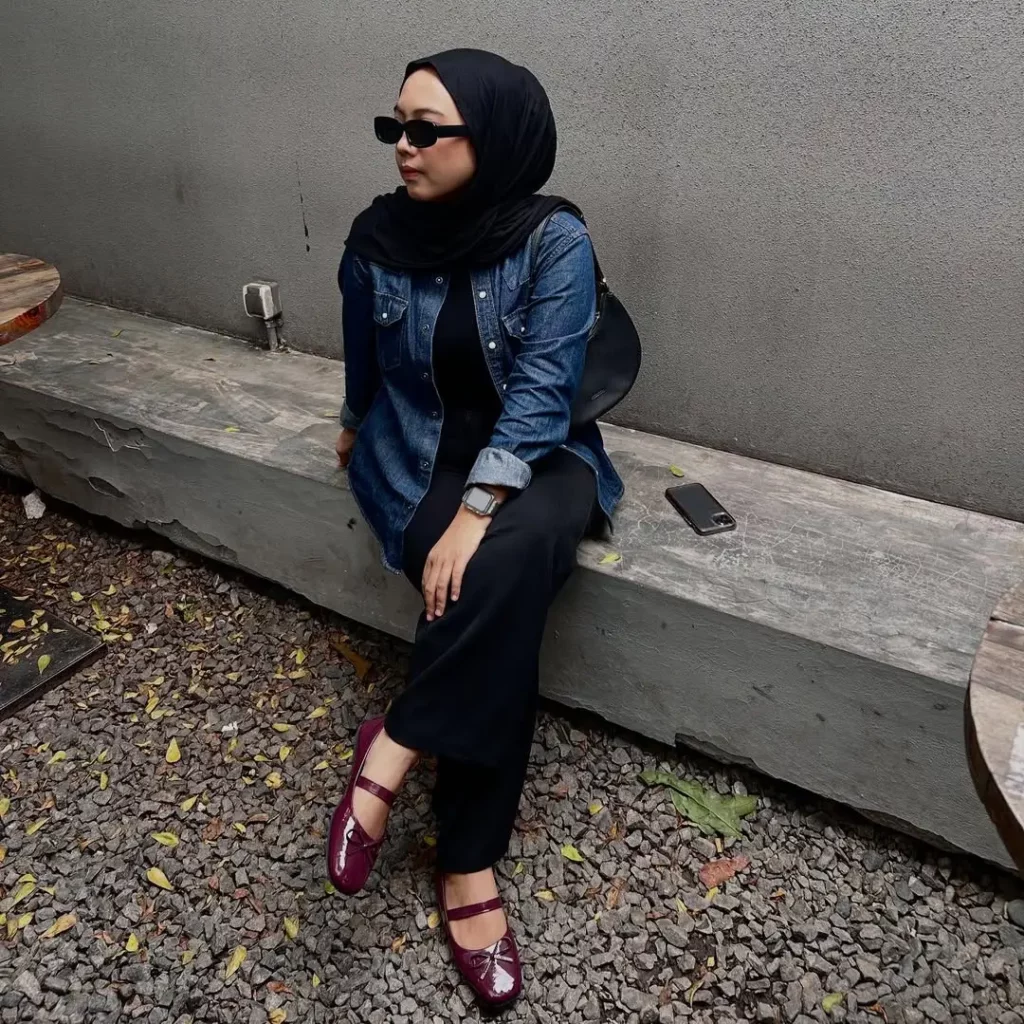 Denim Jacket + Black Pants + Burgundy Mary Jane Flats