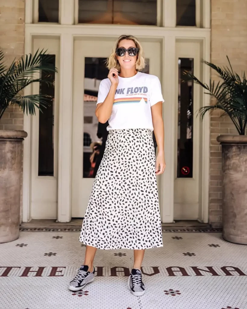 Graphic Tee & Midi Skirt with Sneakers