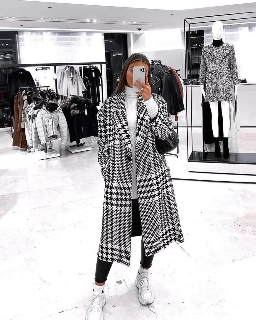 Houndstooth Coat + Leggings + White Sneakers