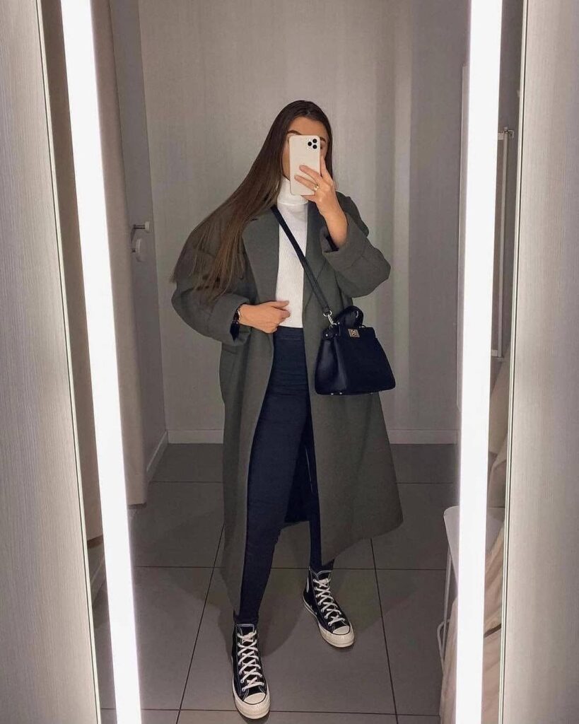 Long Coat + Skinny Jeans + High-Top Sneakers