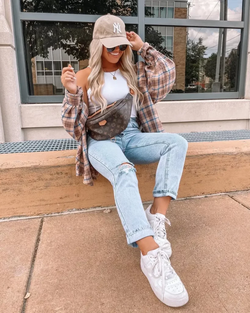 Plaid Overshirt + White Tank + Light-Wash Jeans + White Sneakers