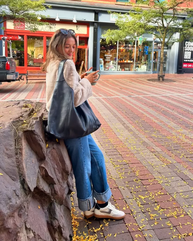 Shearling Jacket + Cuffed Jeans + Retro Sneakers