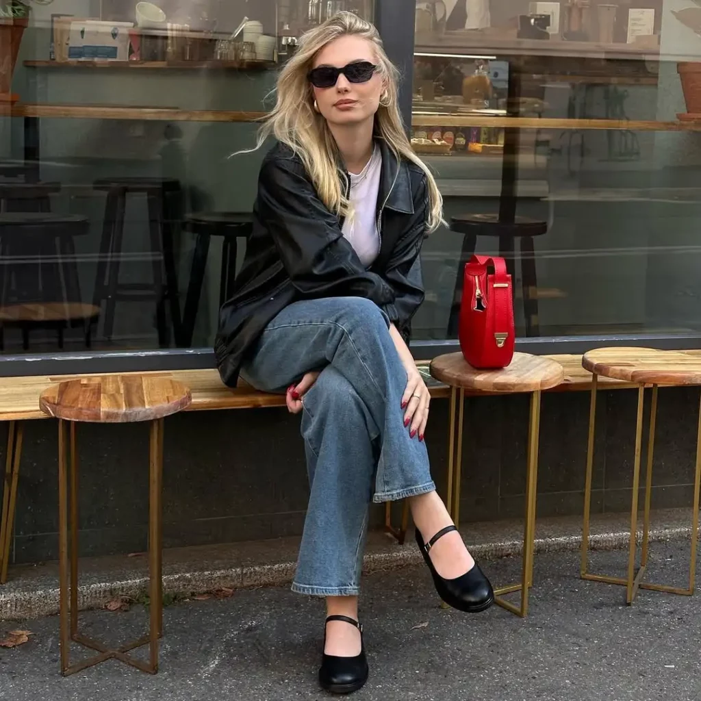 Sleek Black Mary Janes with Straight Jeans & Leather Jacket
