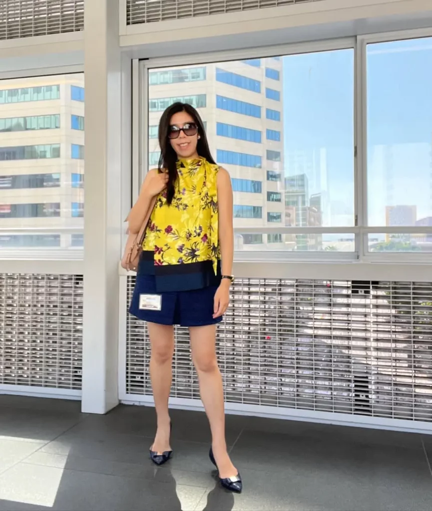 Floral Yellow Top + Navy Mini Skirt + Black Pointed Flats