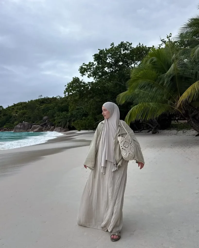 Flowy Khaki Maxi Dress + Light Jacket + Brown Slide Sandals