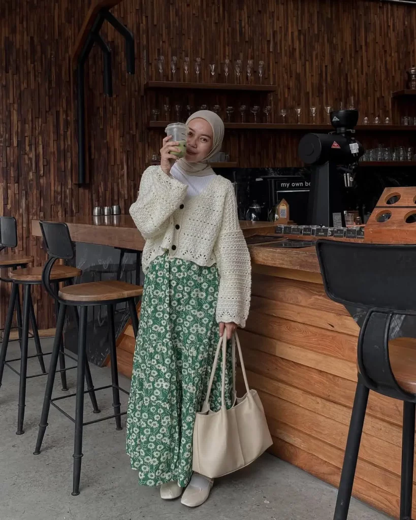 Green Floral Maxi Skirt + Cream Knit Cardigan + Beige Flats