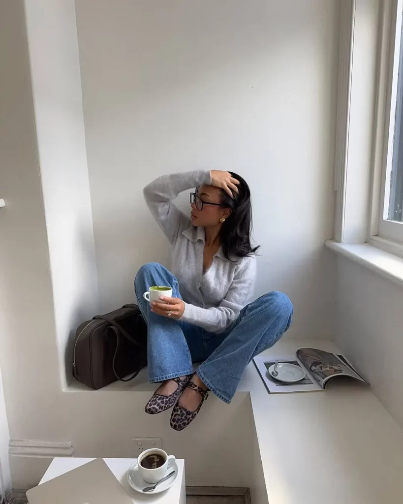 Grey Cardigan Top + Blue Jeans + Leopard Print Flats