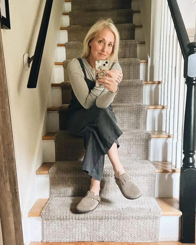 Grey Long-Sleeve Tee + Black Overalls + Taupe Suede Flats