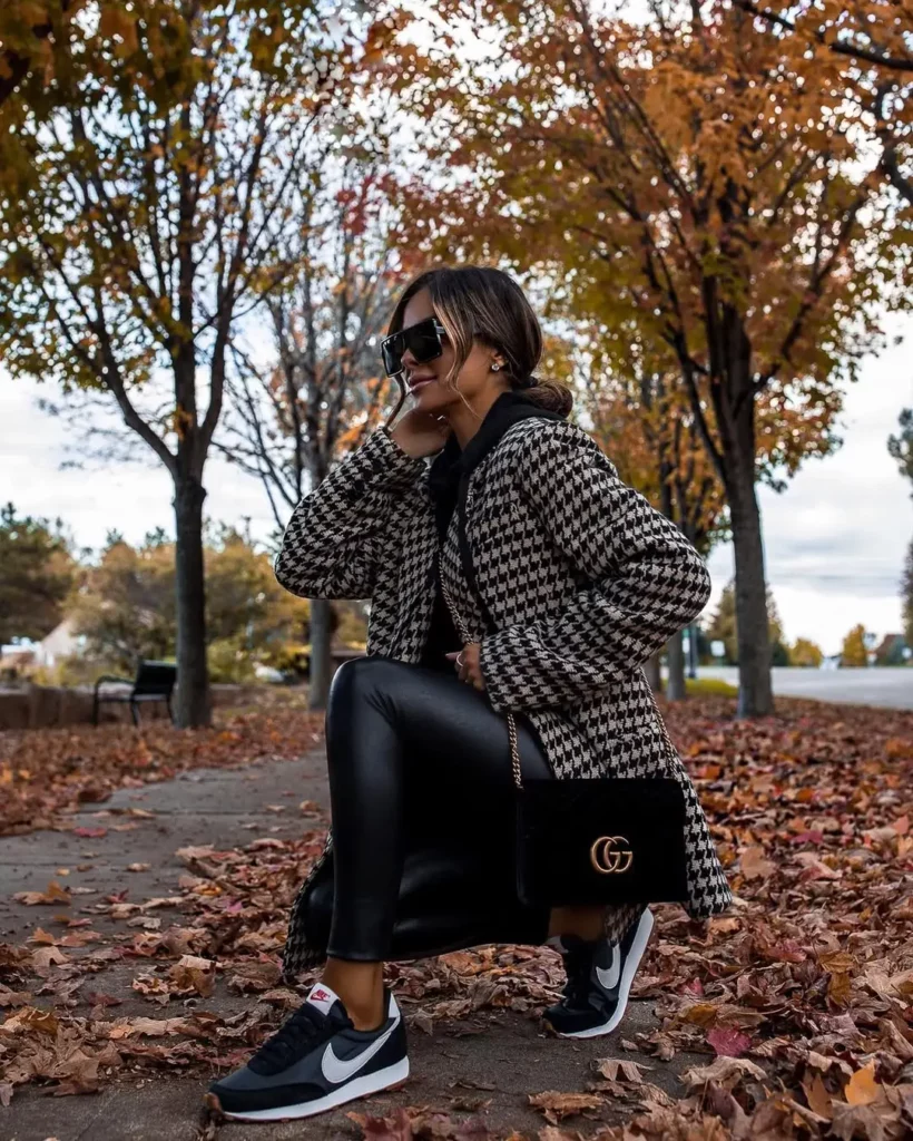 Houndstooth Coat + Leather Pants + Black Sneakers