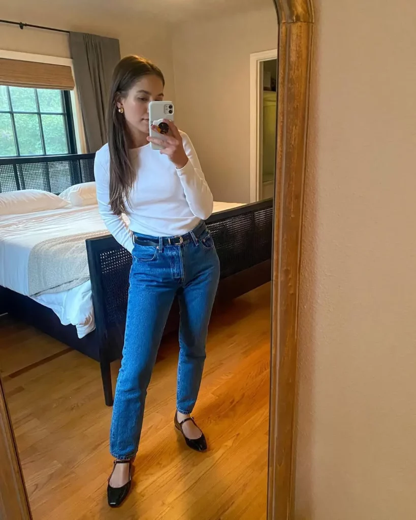 Black Patent Mary Janes with Straight Jeans & White Tee