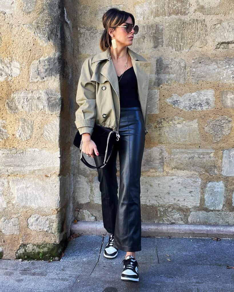 Cropped Trench + Leather Pants + Black Sneakers