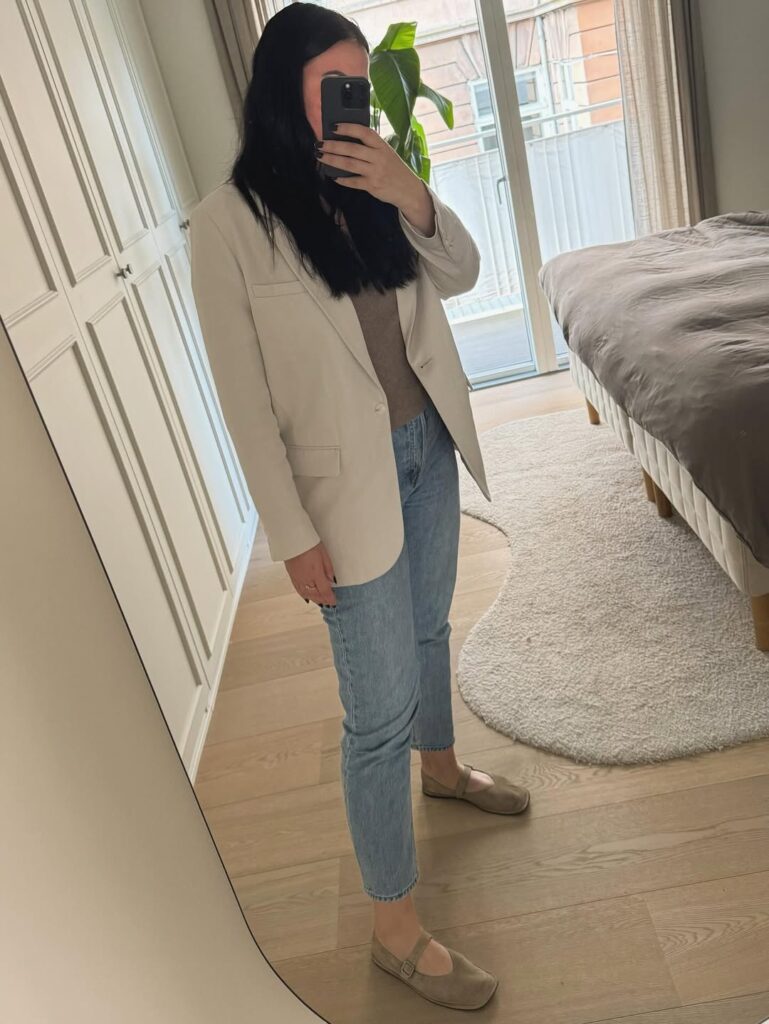 Taupe Mary Janes with Straight-Leg Jeans & Cream Blazer