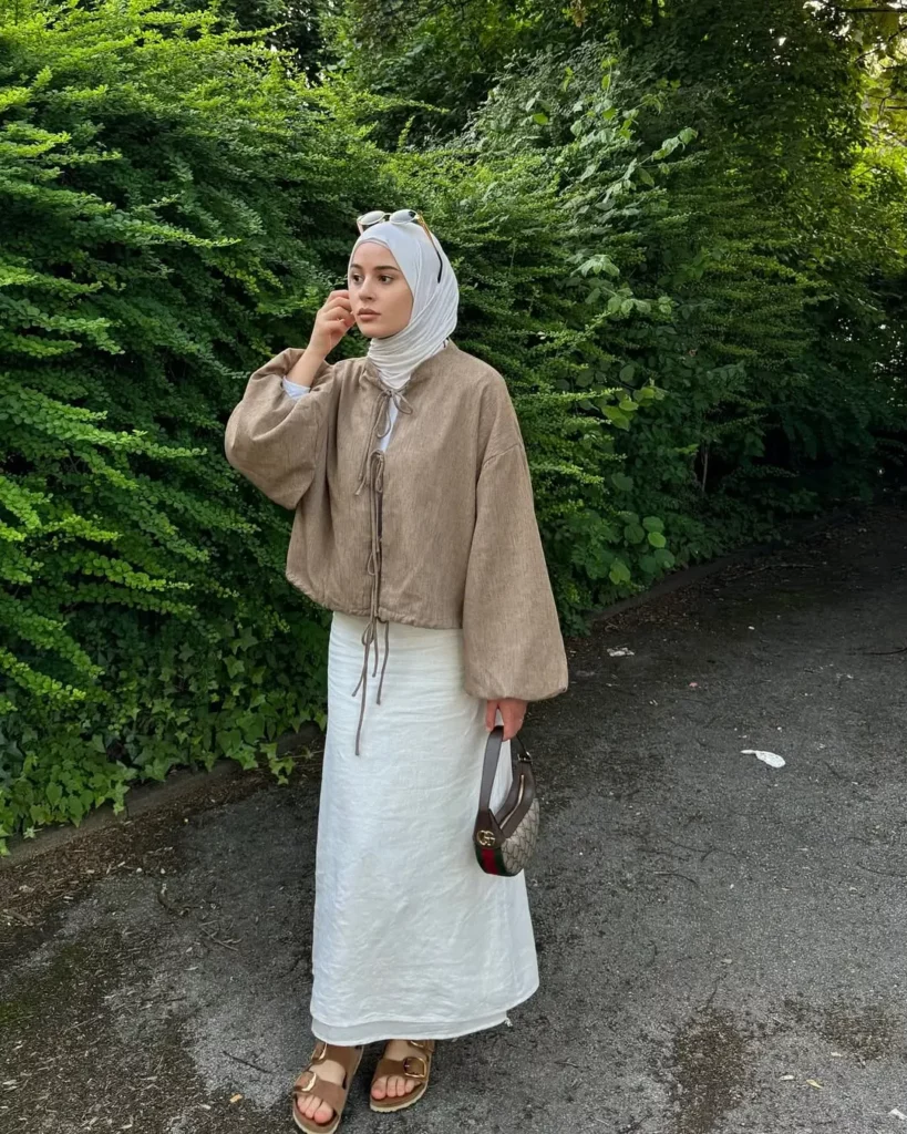 Linen Maxi Skirt + Taupe Balloon Sleeve Top + Gold Slide Sandals