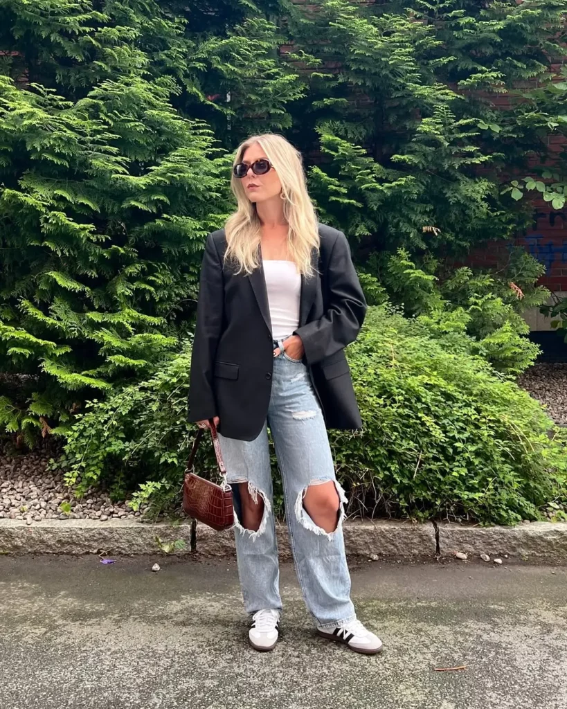 Oversized Blazer + Ripped Jeans + White Sneakers
