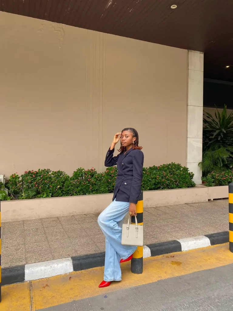 Navy Blazer + Light-Wash Jeans + Red Heels