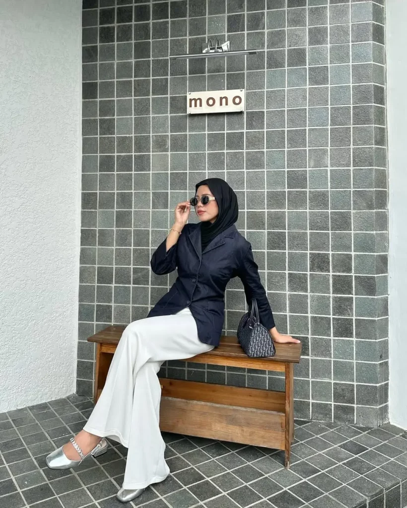 Navy Blazer + White Wide-Leg Pants + Silver Flats