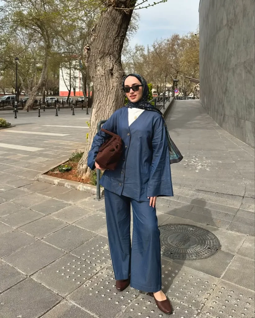 Navy Co-ord Set + Printed Scarf + Brown Square-Toe Flats