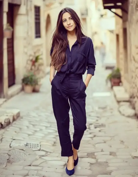 Navy Jumpsuit + Pointed Navy Flats