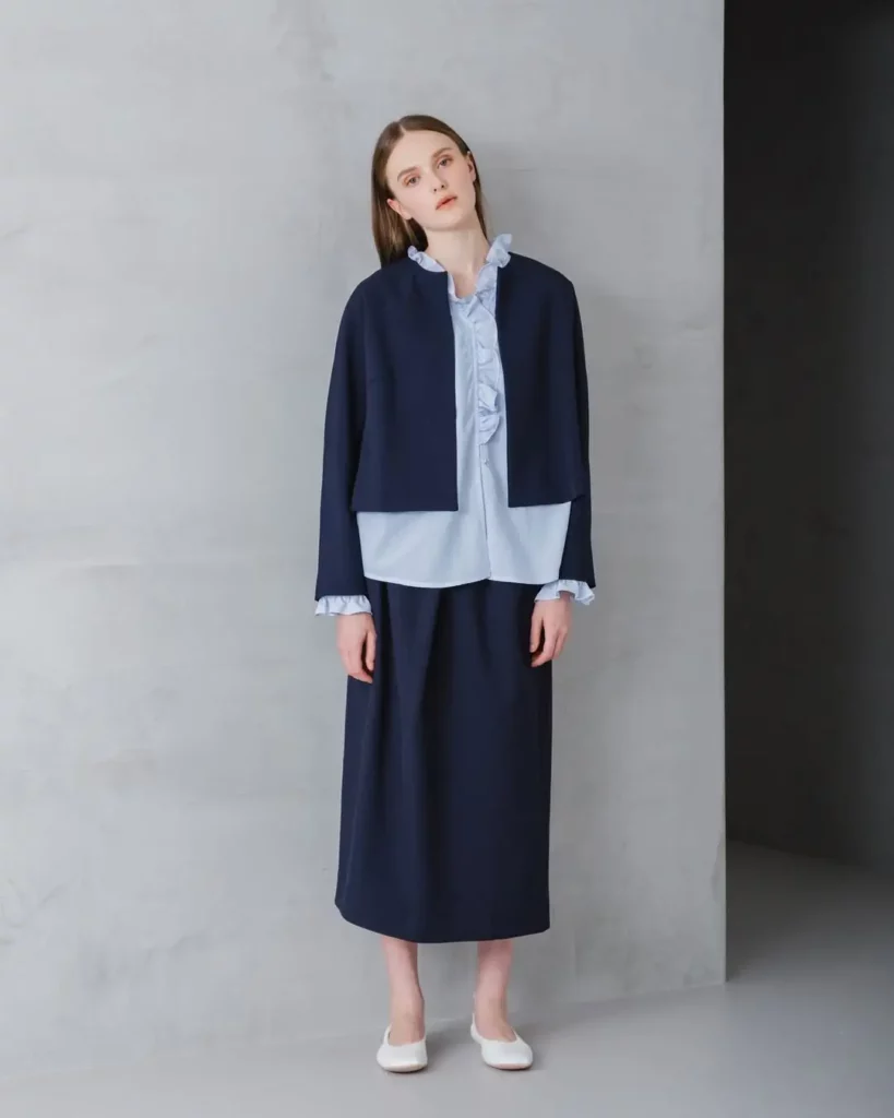 Navy Skirt Suit + Ruffled Blouse + White Flats