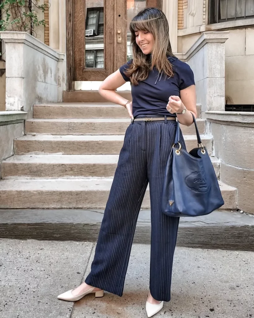 Navy Tee + Pinstripe Trousers + Kitten Heels