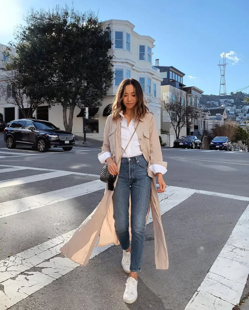 rench Coat & White Sneakers