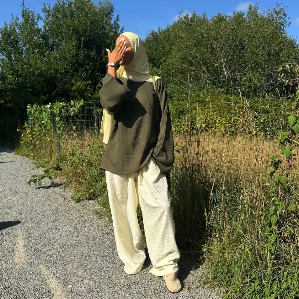 Olive Green Tunic + Cream Wide Pants + Beige Flats