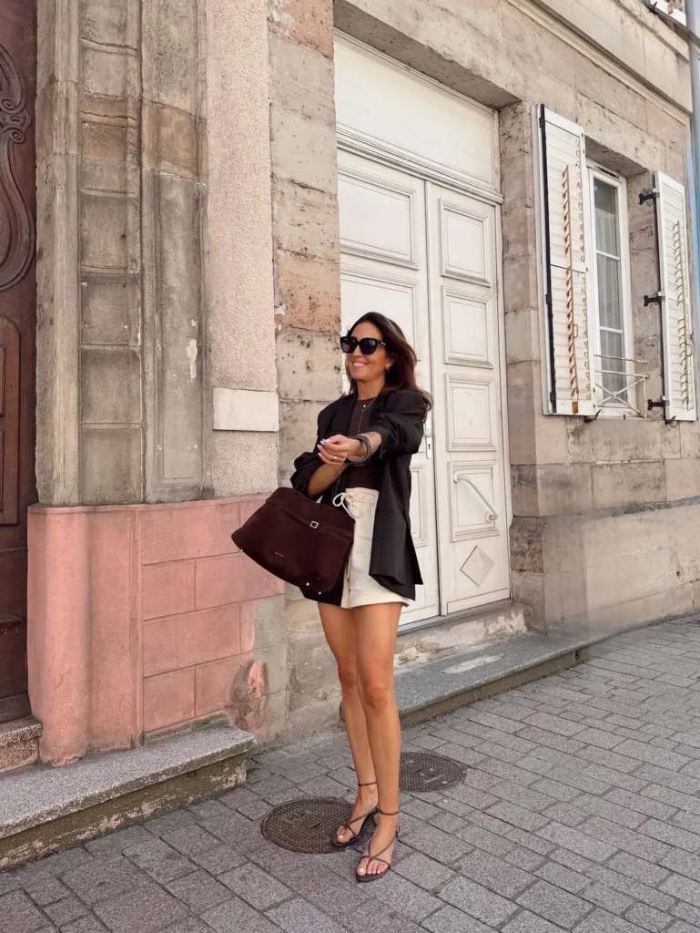 Oversized Blazer + Cream Mini Skirt + Strappy Heels