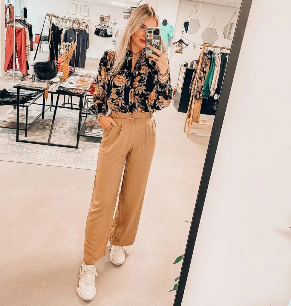Floral Blouse & Camel Trousers with Sneakers