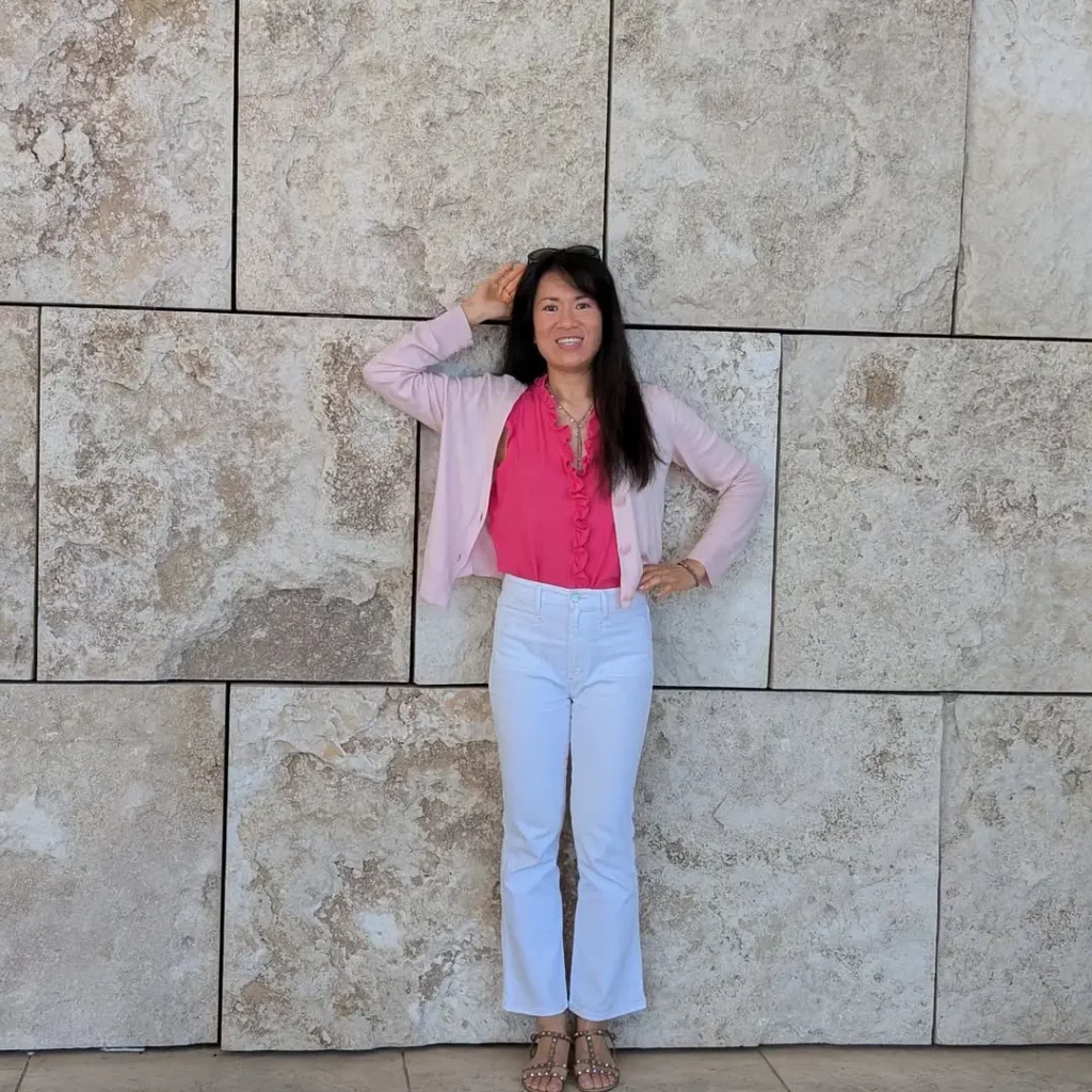 Pink Blouse + White Trousers + Studded Pointed Flats