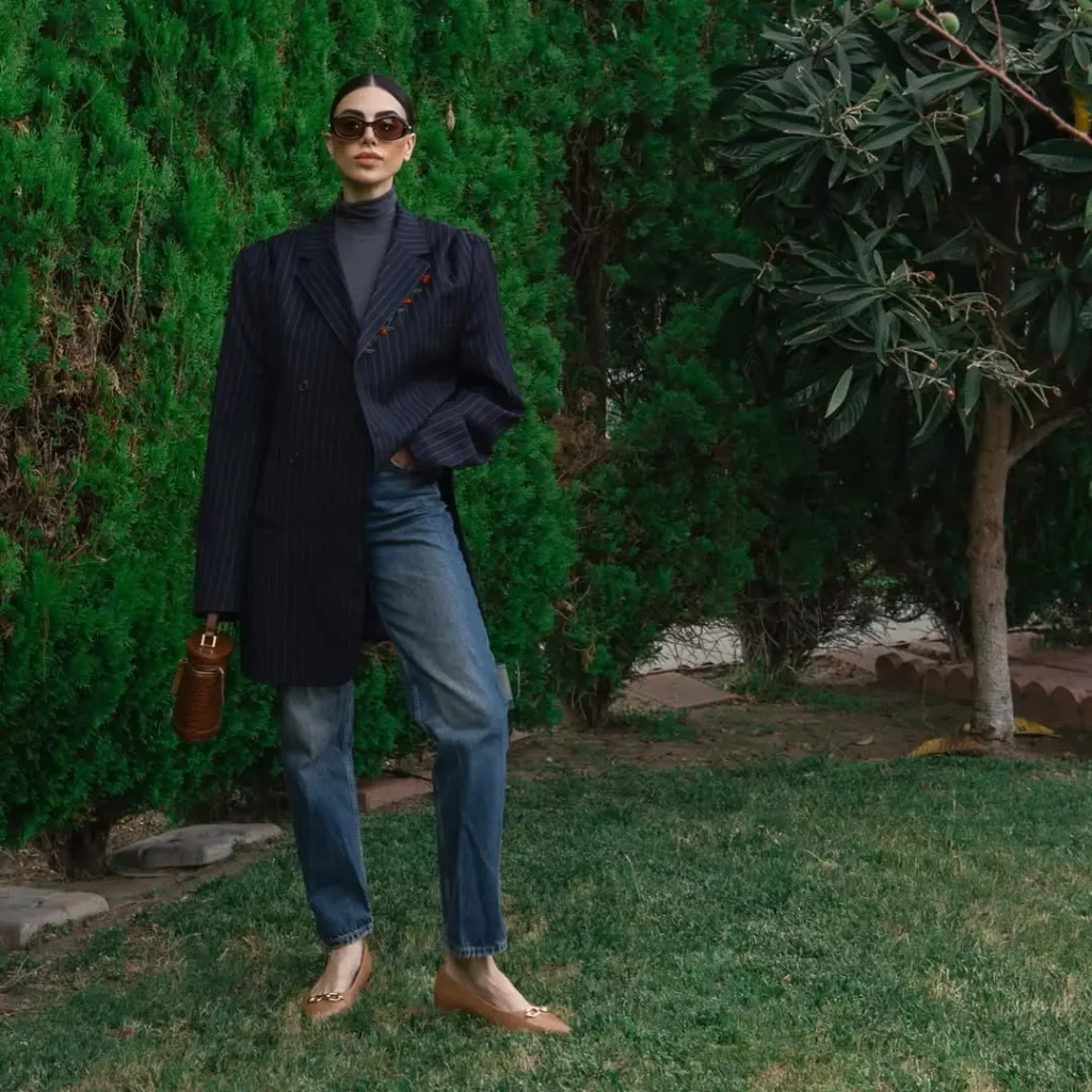 Pinstripe Blazer + Grey Turtleneck + Blue Jeans + Tan Flats