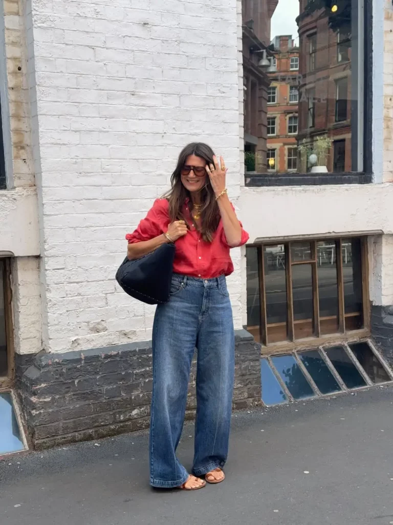 Red Button-Up Shirt + Relaxed Wide-Leg Jeans + Tan Flat Sandals