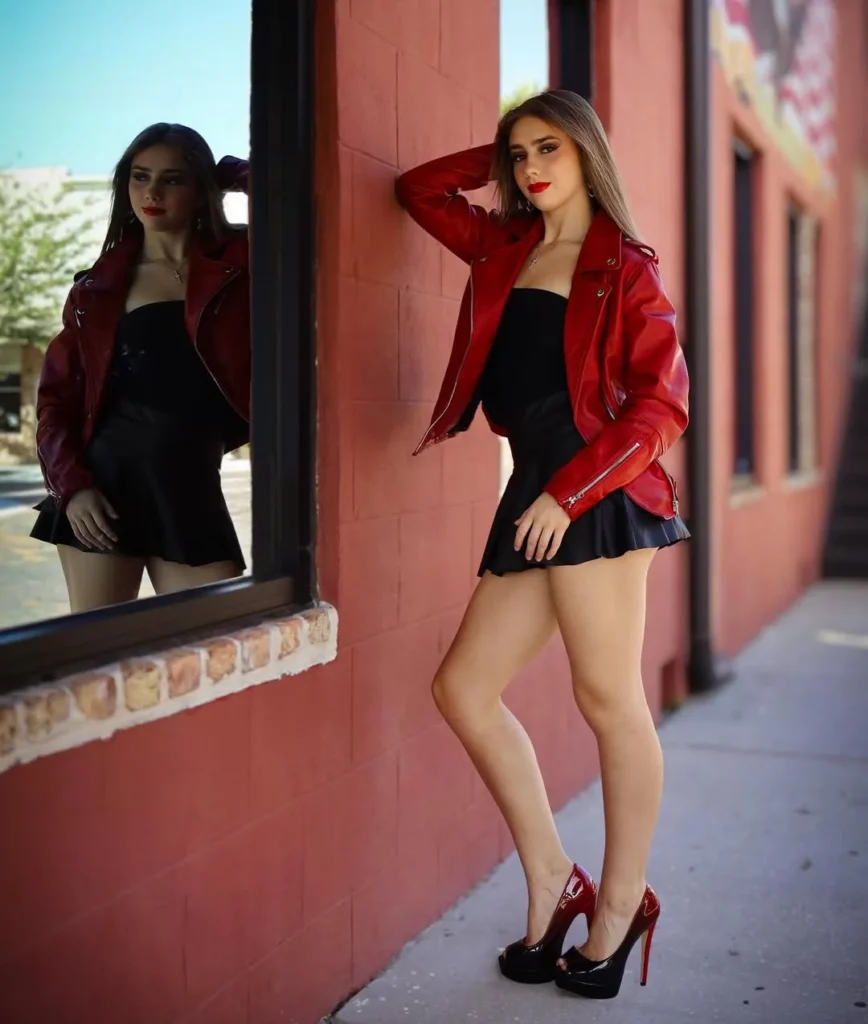 Red Leather Jacket + Black Mini Skirt + Patent Heels