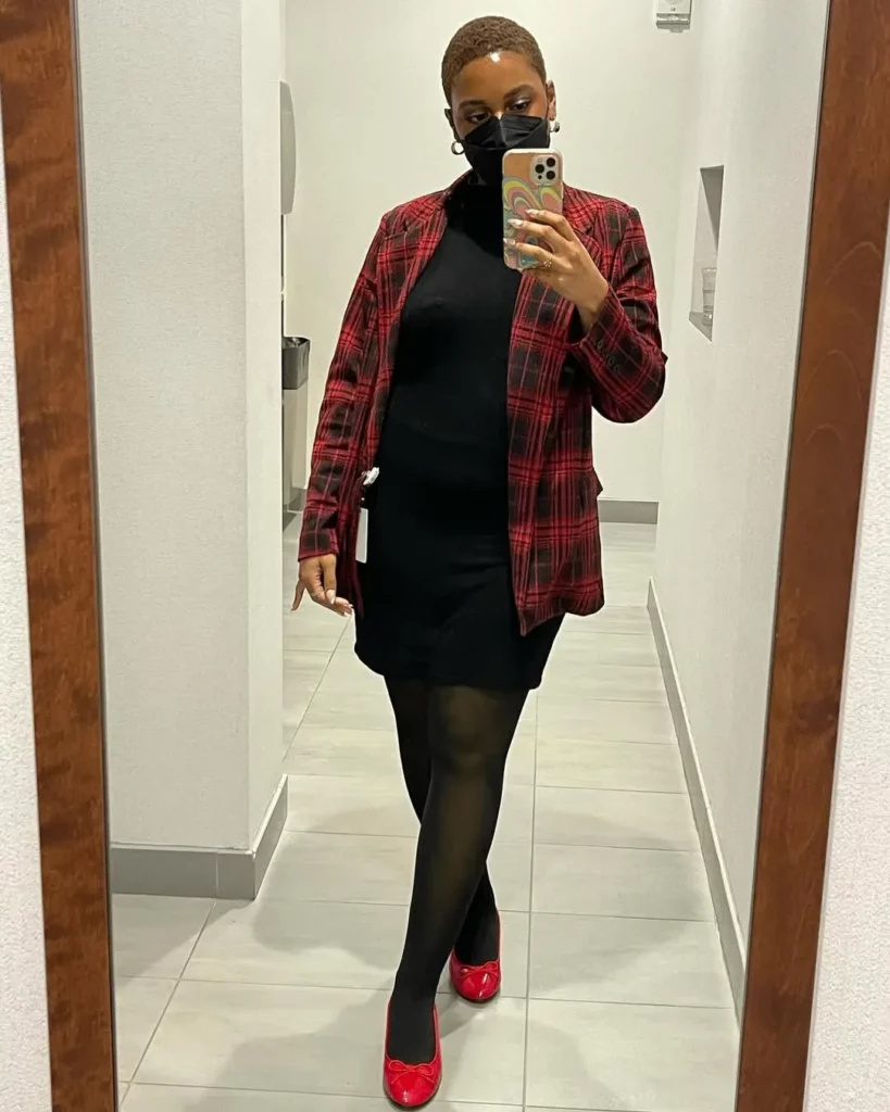 Red Plaid Blazer + Black Dress + Red Heels