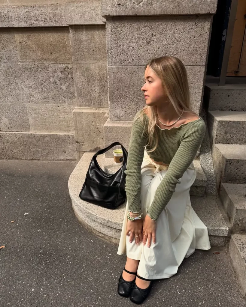 Sage Green Knit Top + Cream Maxi Skirt + Black Mary Jane Flats