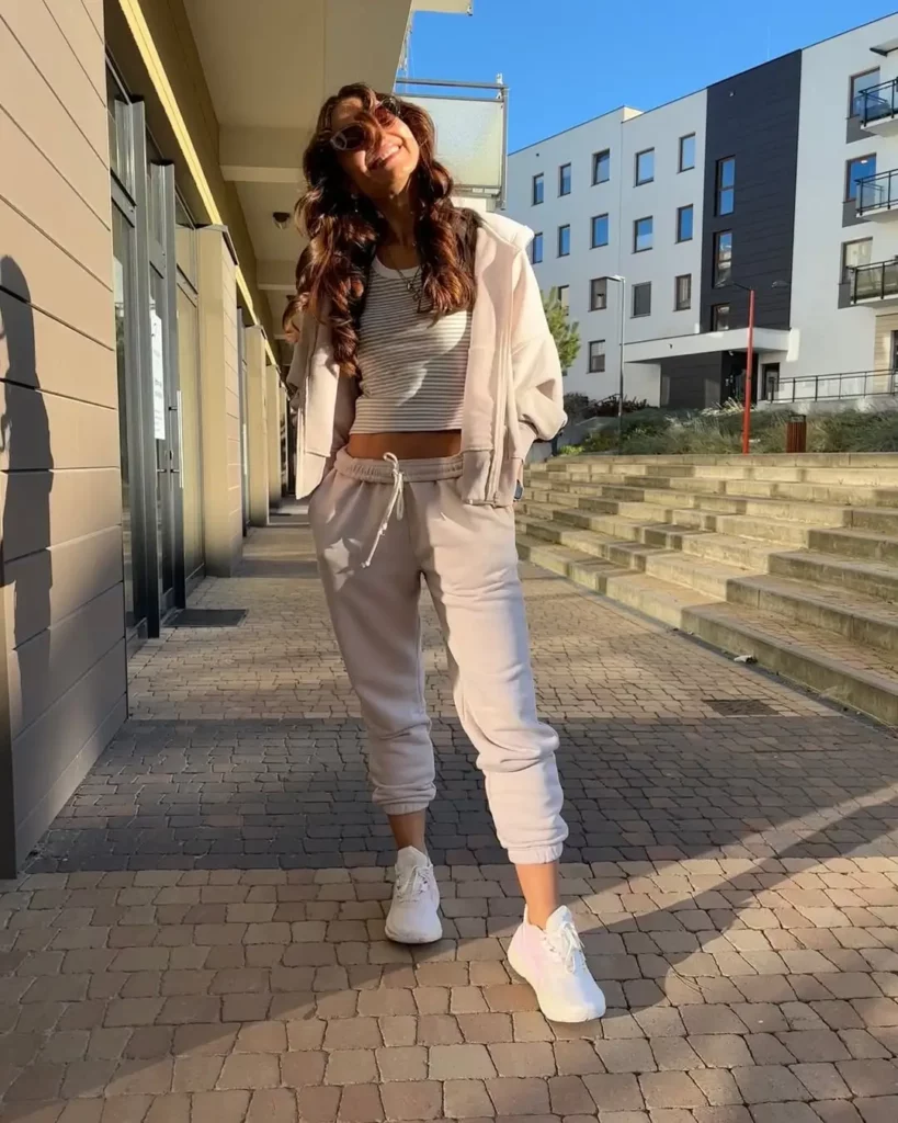 Jogger Set + Striped Crop Top + Sneakers