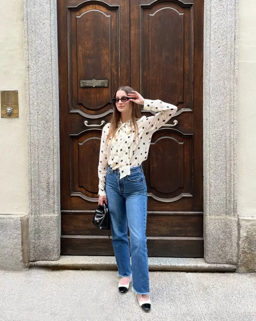 Two-Tone Mary Janes with Polka Dot Blouse & Vintage Jeans