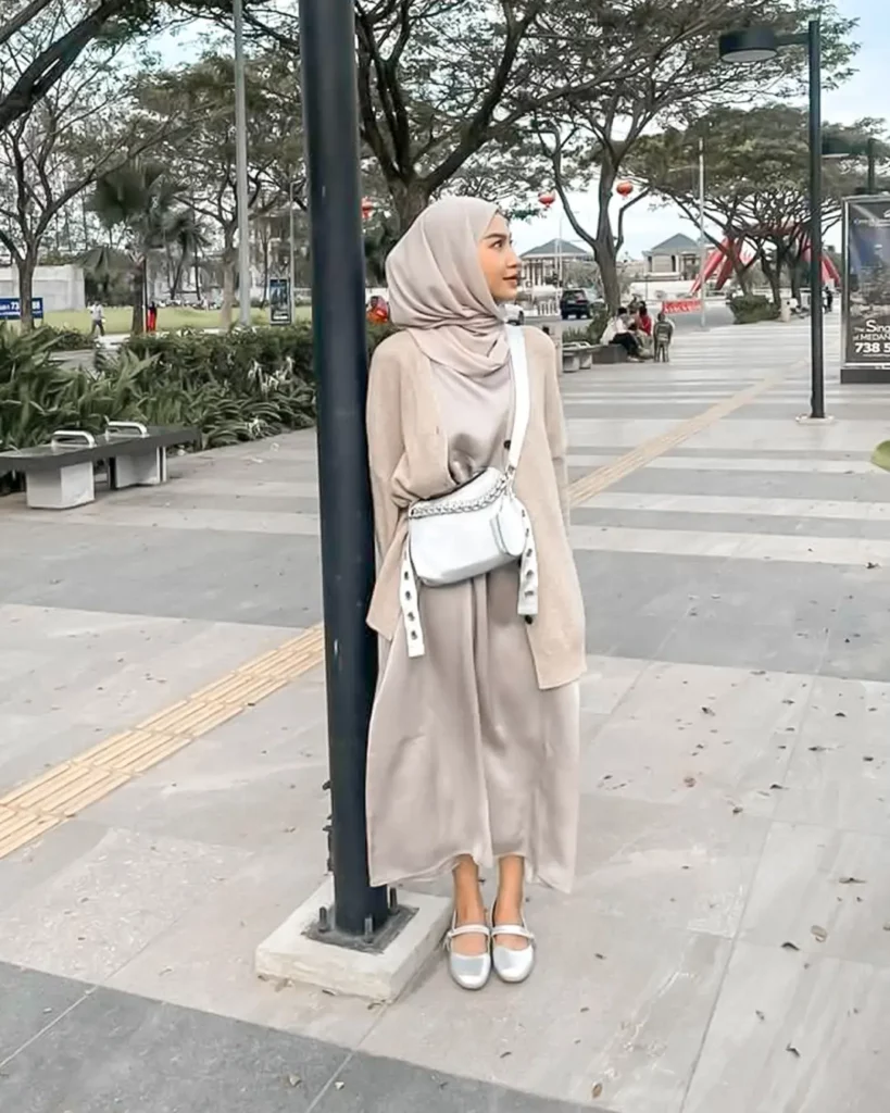 Taupe Co-ord + Beige Cardigan + Silver Mary Jane Flats